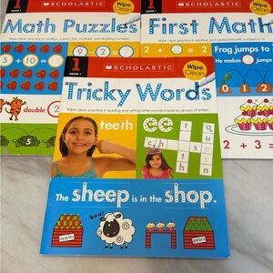 grade 1 schoolastic wipe clean practice tricky words, first math, math puzzles